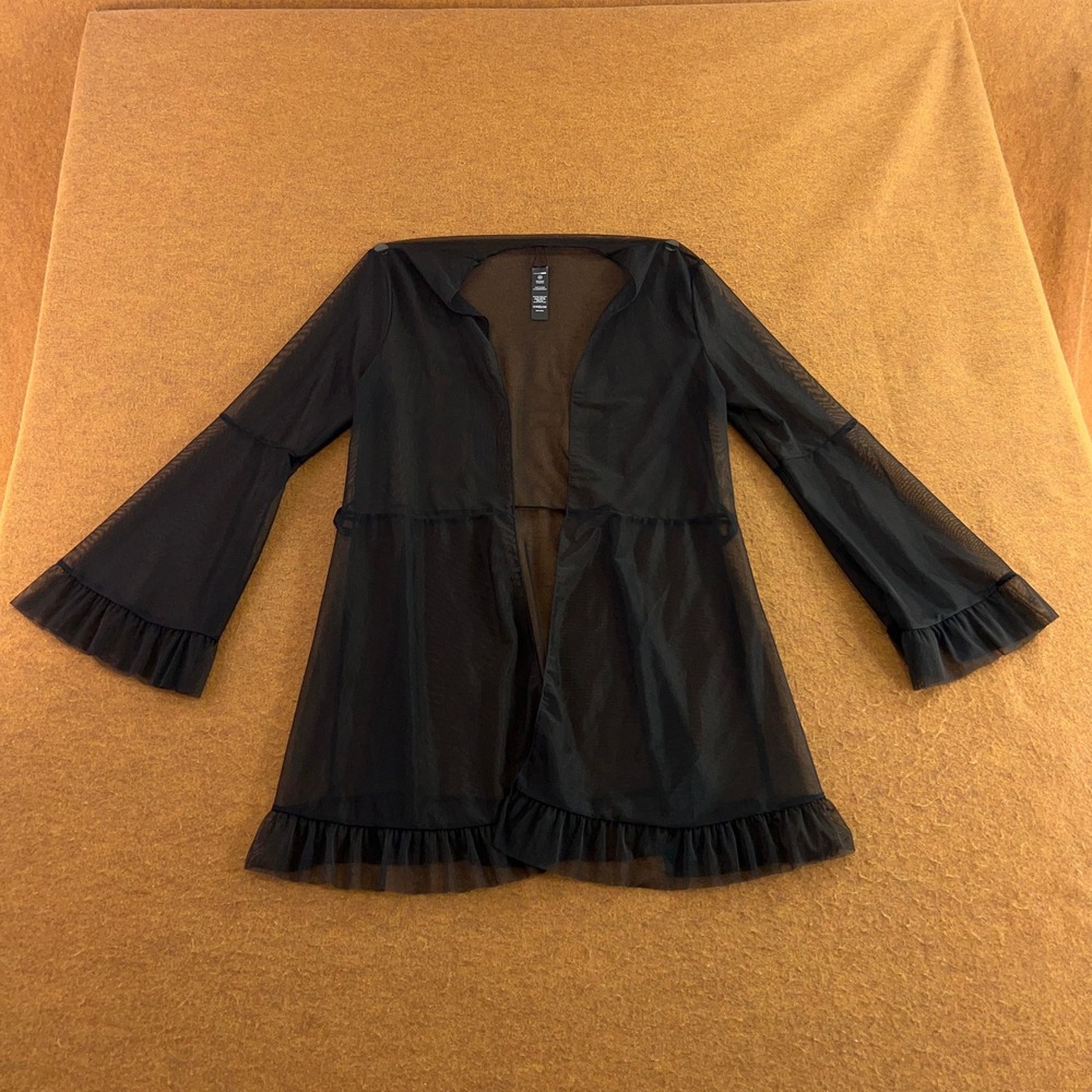 Fashion Nova Womens Medium Black Sheer Mesh Ruffle Bell Sleeve Cover Up New